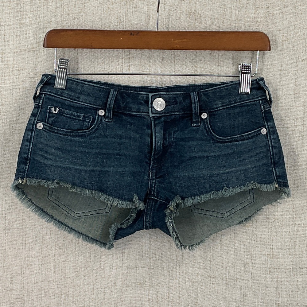 True Religion Denim Shorts Womens 25 Dark Blue Cotton Y2K Western Frayed Cut-off